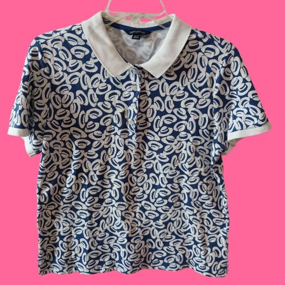 Lands End Womens Collared Casual Polo Shirt Blue/White Hats Print Size PMedium - Picture 1 of 10
